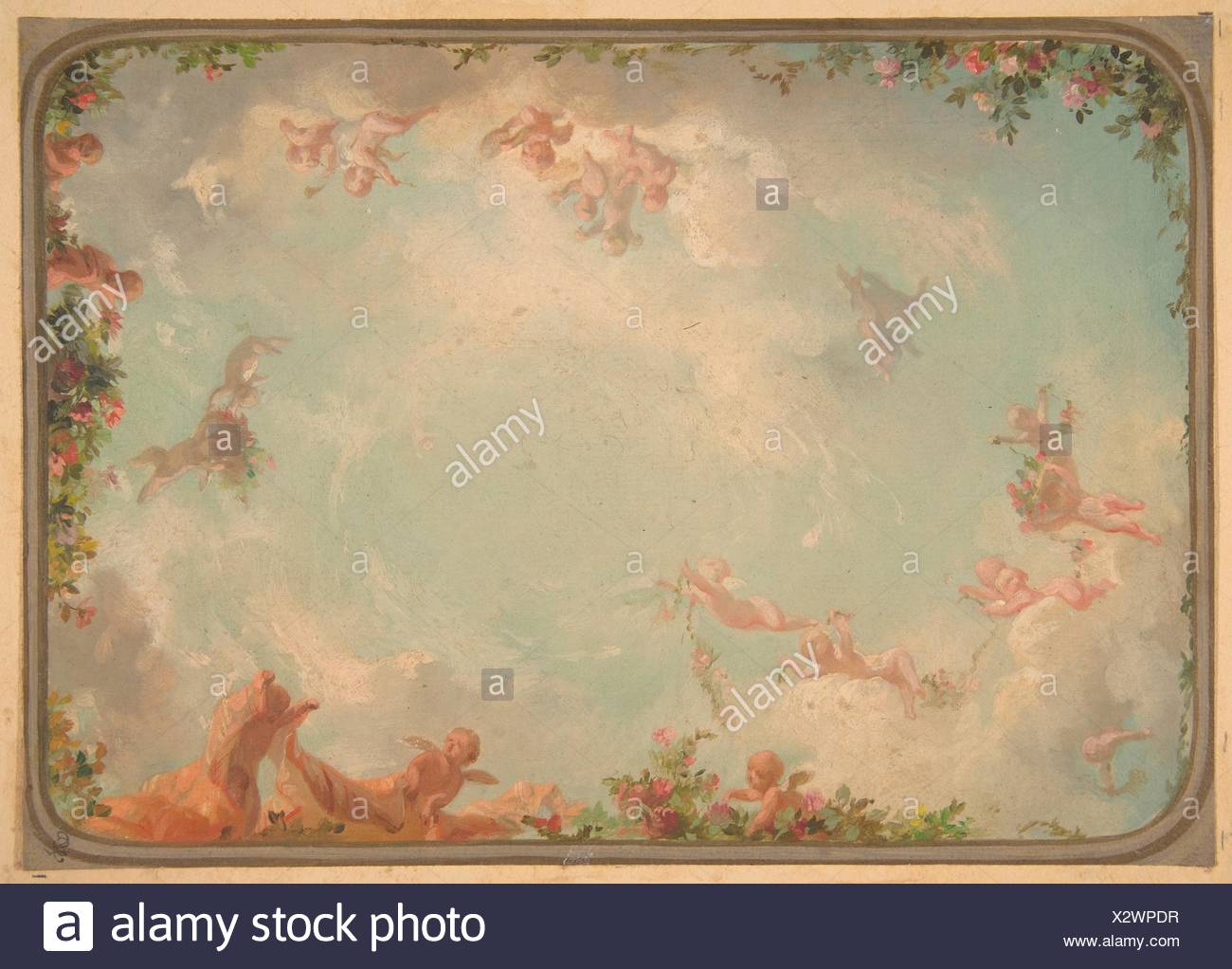 Design For A Ceiling Painted With Putti In Clouds With Roses