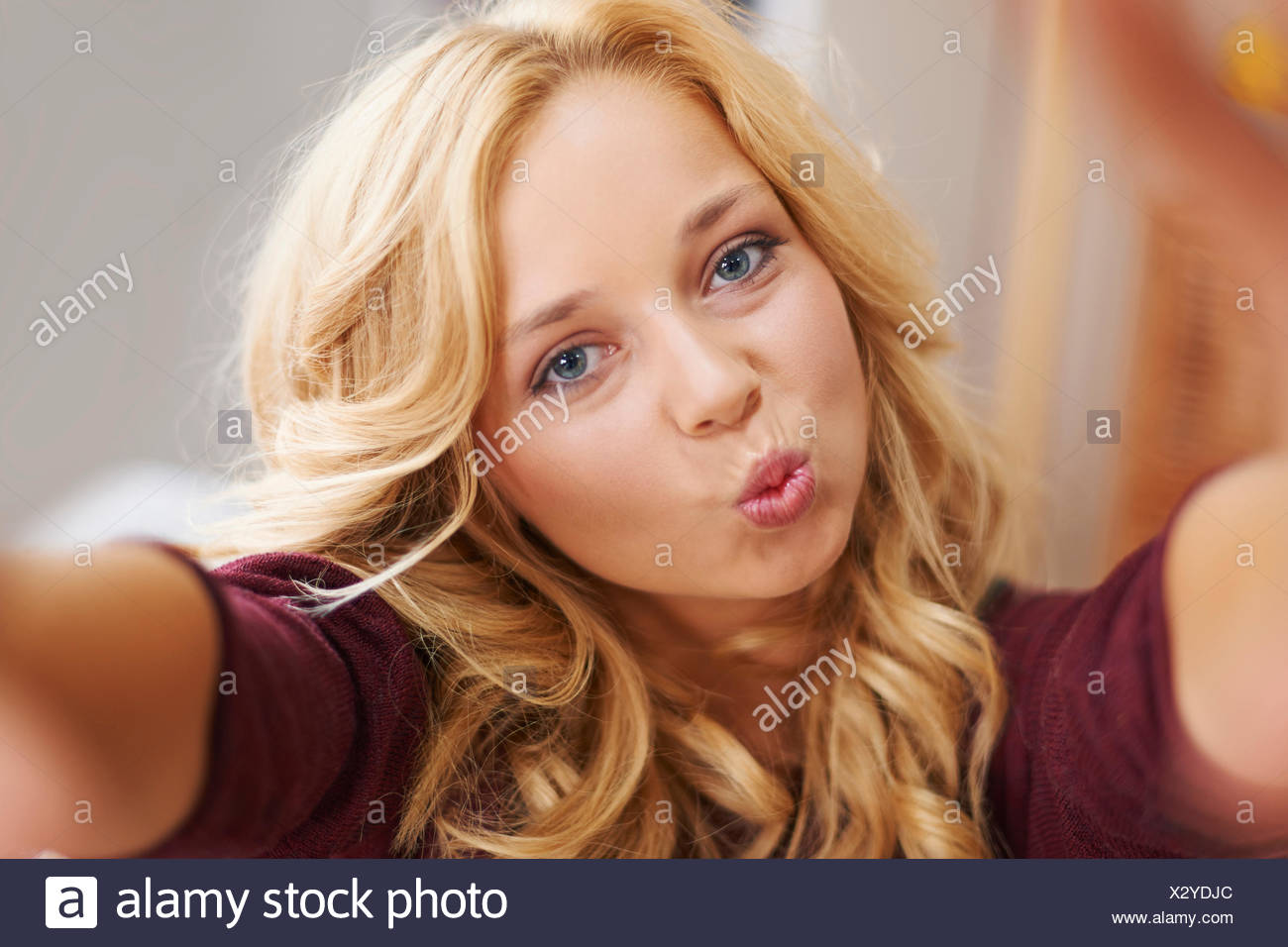 Lovely Blonde Girl Taking Selfie Debica Poland Stock Photo