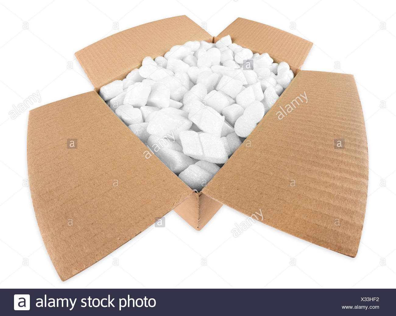 Offenes Paket mit styroporflocken Stock Photo