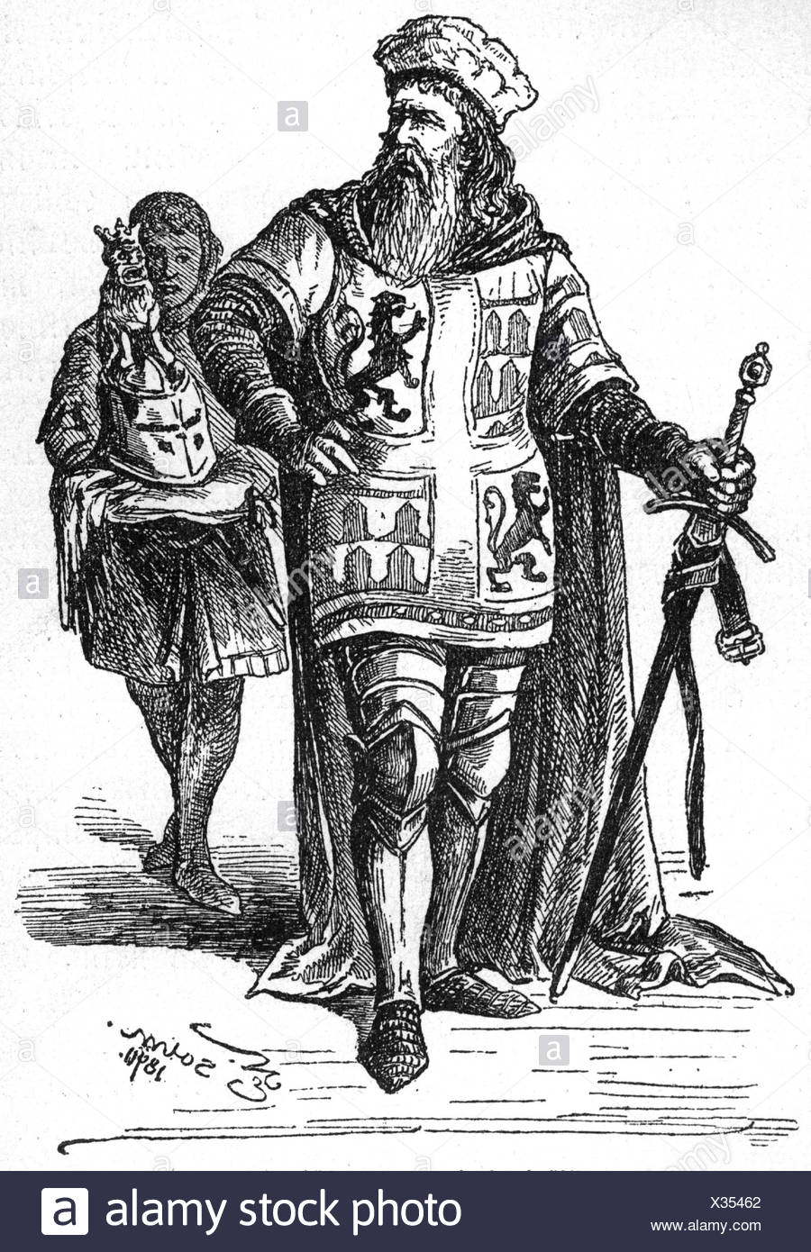 John "the Blind", 10.8.1296 - 26.8.1346, King of Bohemia 7.2.1311 - 26.8.1346, full length, drawing by E. Sohn, 1890, , Additional-Rights-Clearances-NA