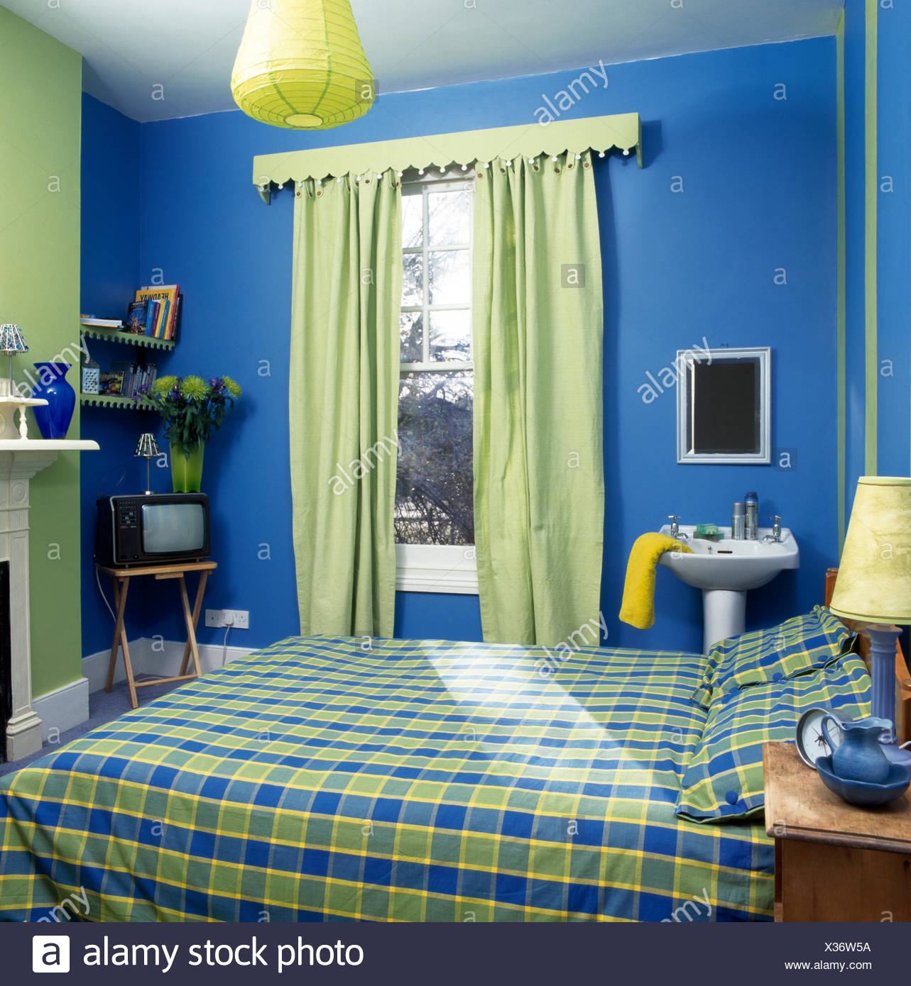 Blue Green Checked Bedlinen On Stock Photos Blue Green