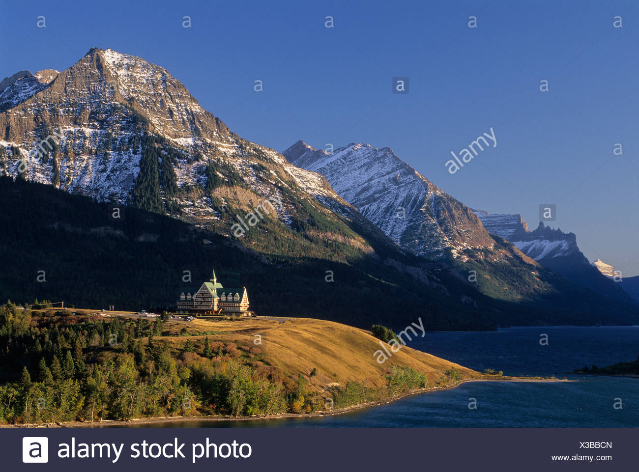 Sunrise, Prince of Wales Hotel, Waterton-Glacier International Peace Park, Alberta, Canada. Stock Photo