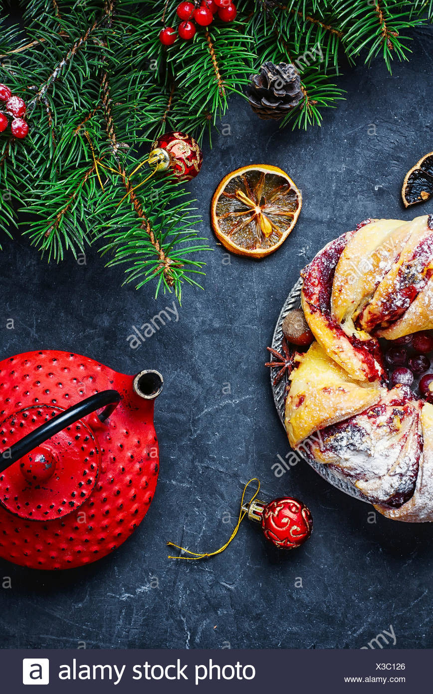 Christmas Bun Background With Christmas Tree And Decorations Stock