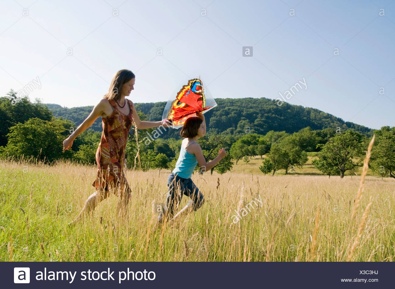 Mother and child with a kite in a summer meadow in the Black Forest, Baden-Wuerttemberg, Germany, Europe Stock Photo