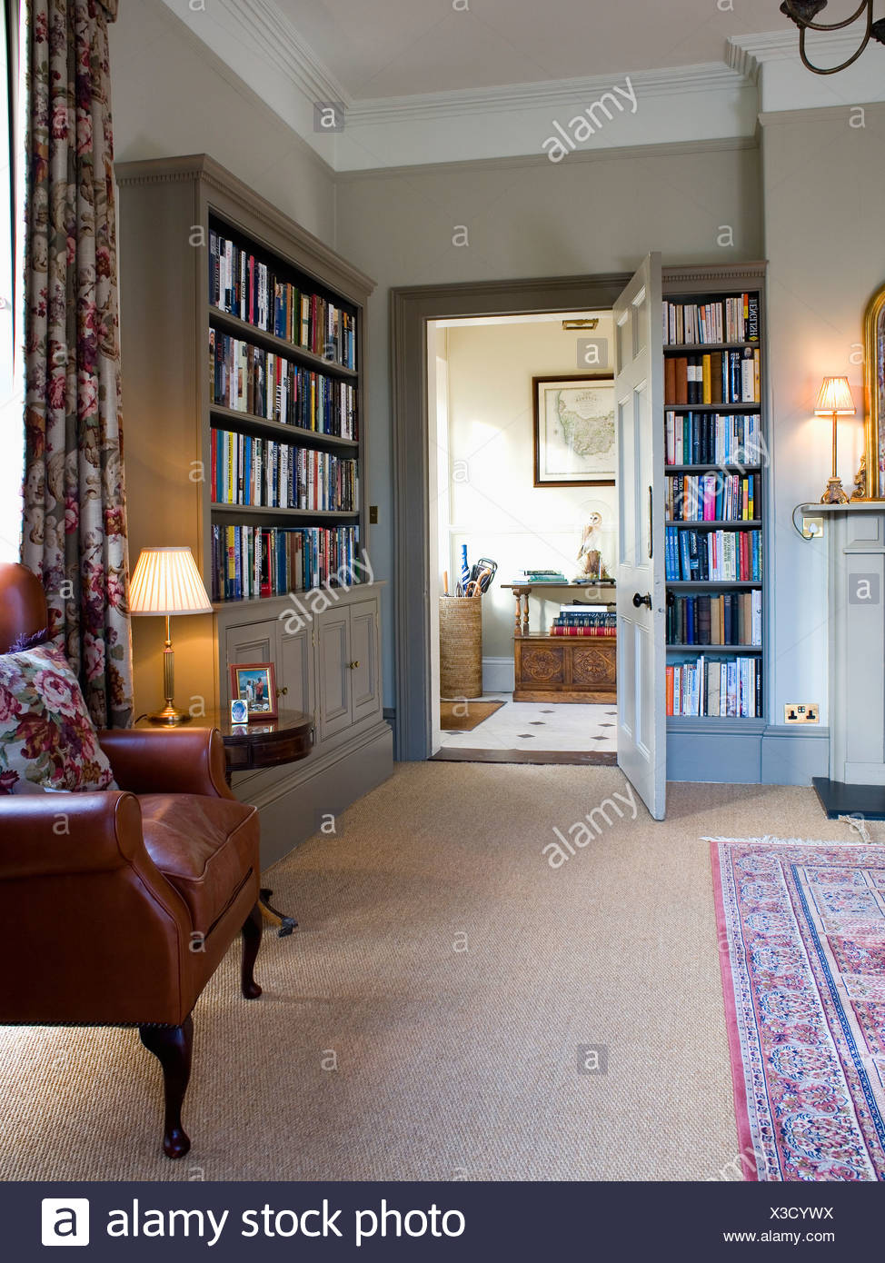 Beige Carpet In Living Room With Fitted Bookshelves On Either Side