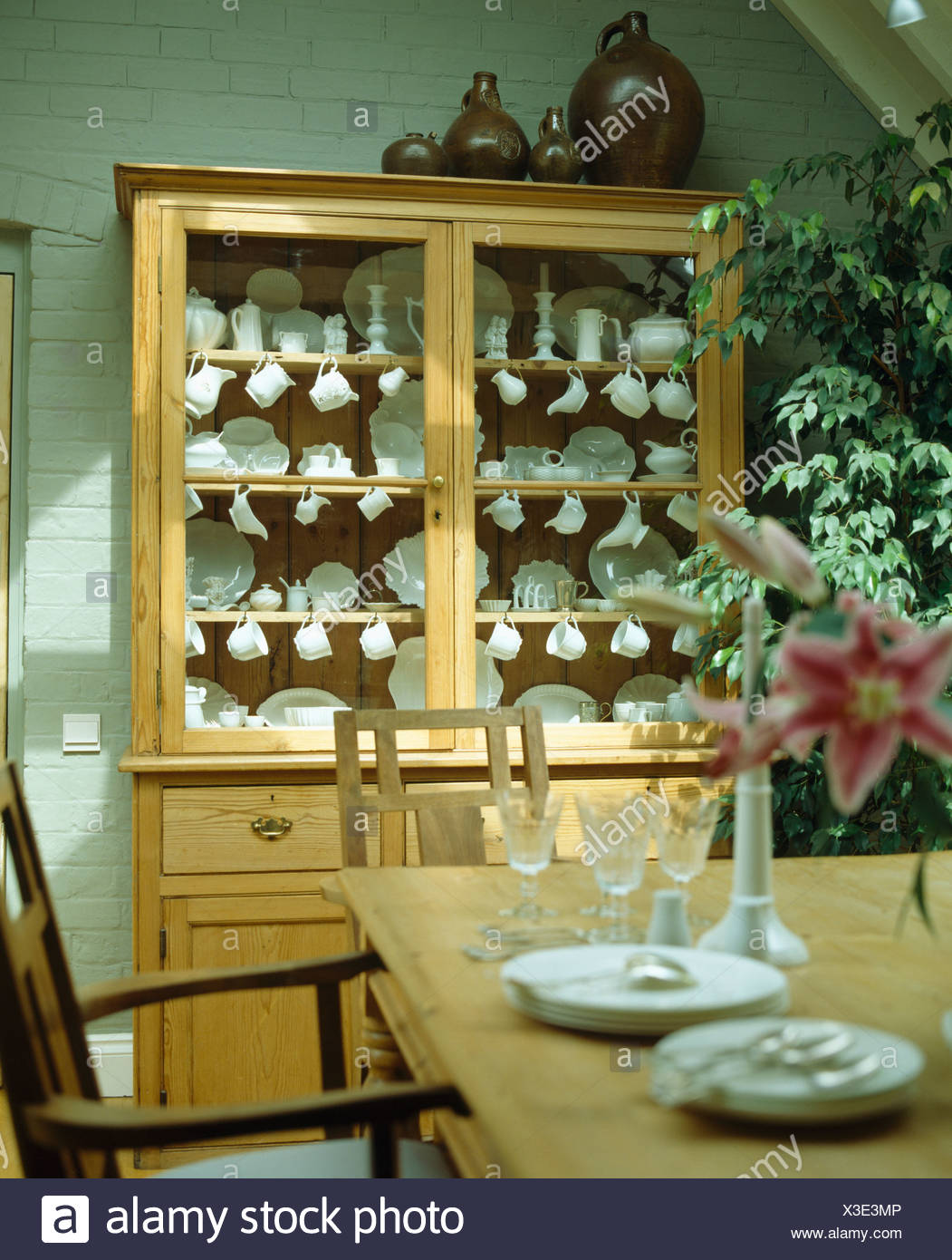 Collection Of White China On Shelves In Pine Dresser With Glazed