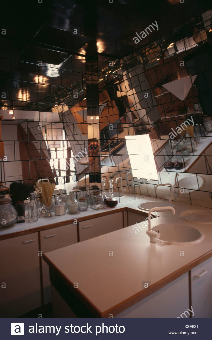 Small Eighties Kitchens With Mirror Tiles On Walls And Sloping