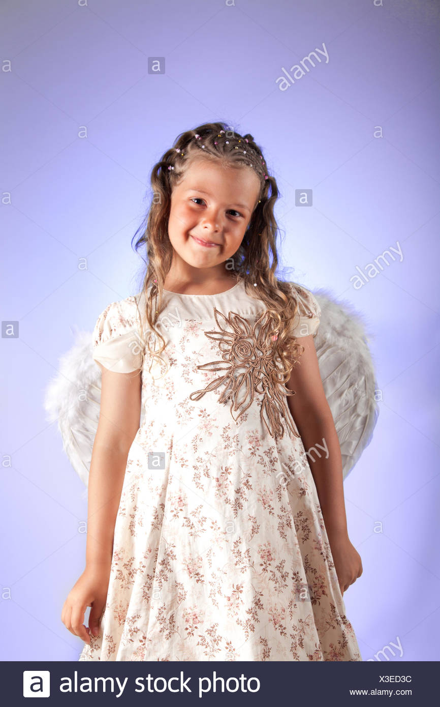 Cute Little Girl With Pigtail Hairstyle And Angel Wings Stock