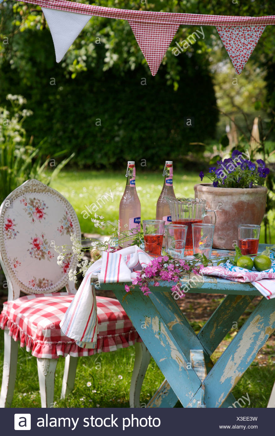 Summer Garden With Blue Painted Table Set For Lunch With Bottles
