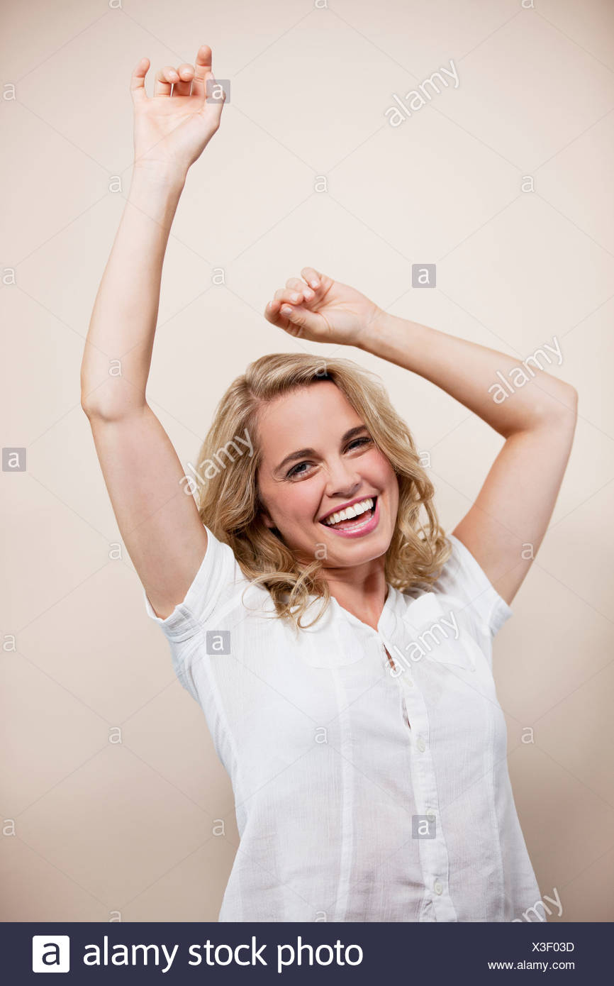 Female Happy Arms Air High Resolution Stock Photography and Images - Alamy