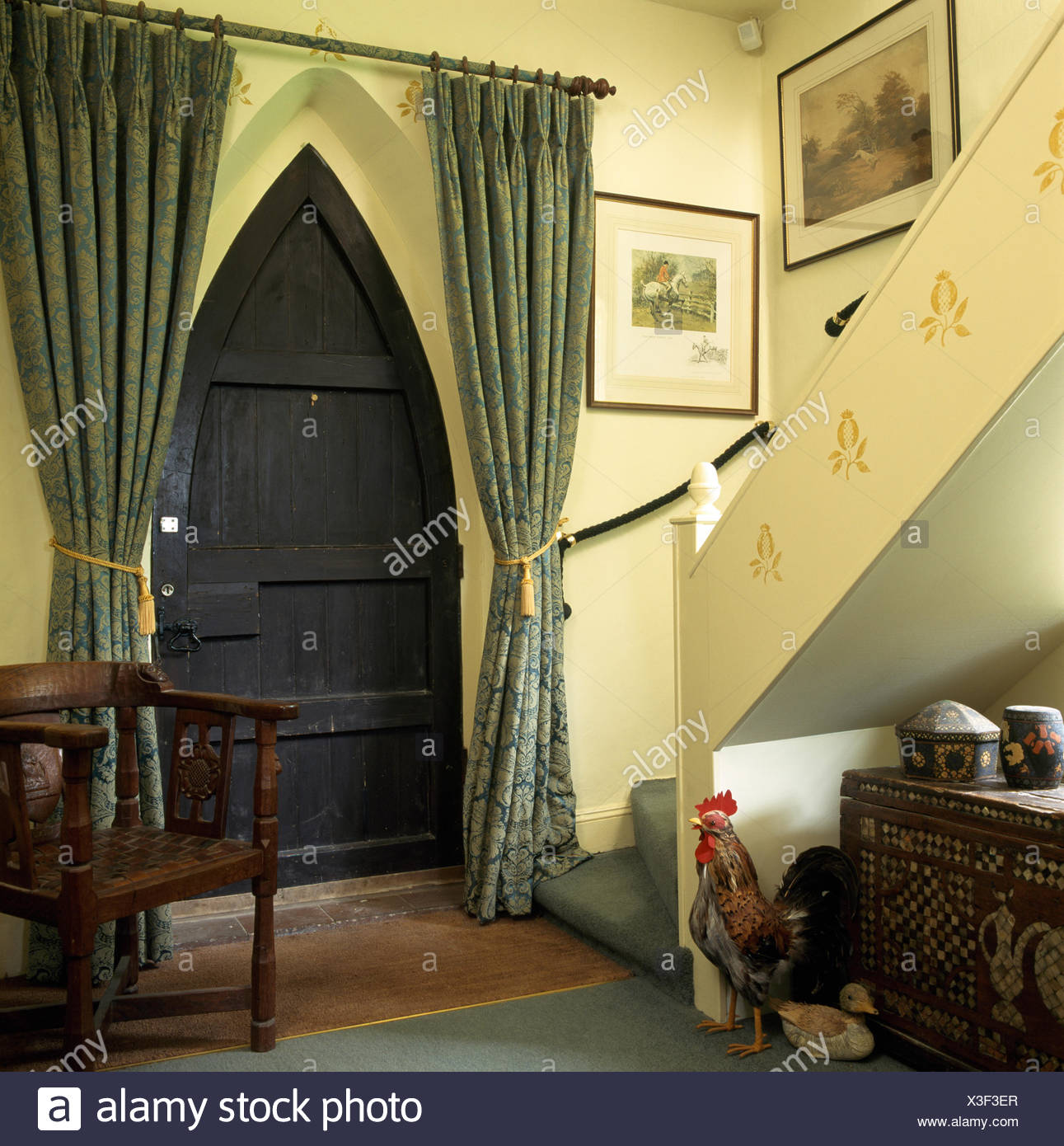 Green Curtains On Gothic Style Door In Nineties Hall With A
