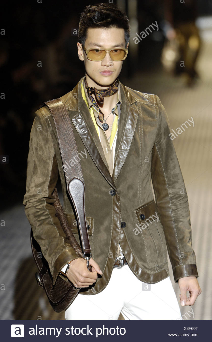 Gucci Milan Ready To Wear Menswear Spring Summer Male Model Black Hair Walking Down The Runway Wearing A Brown Suede Jacket Stock Photo Alamy