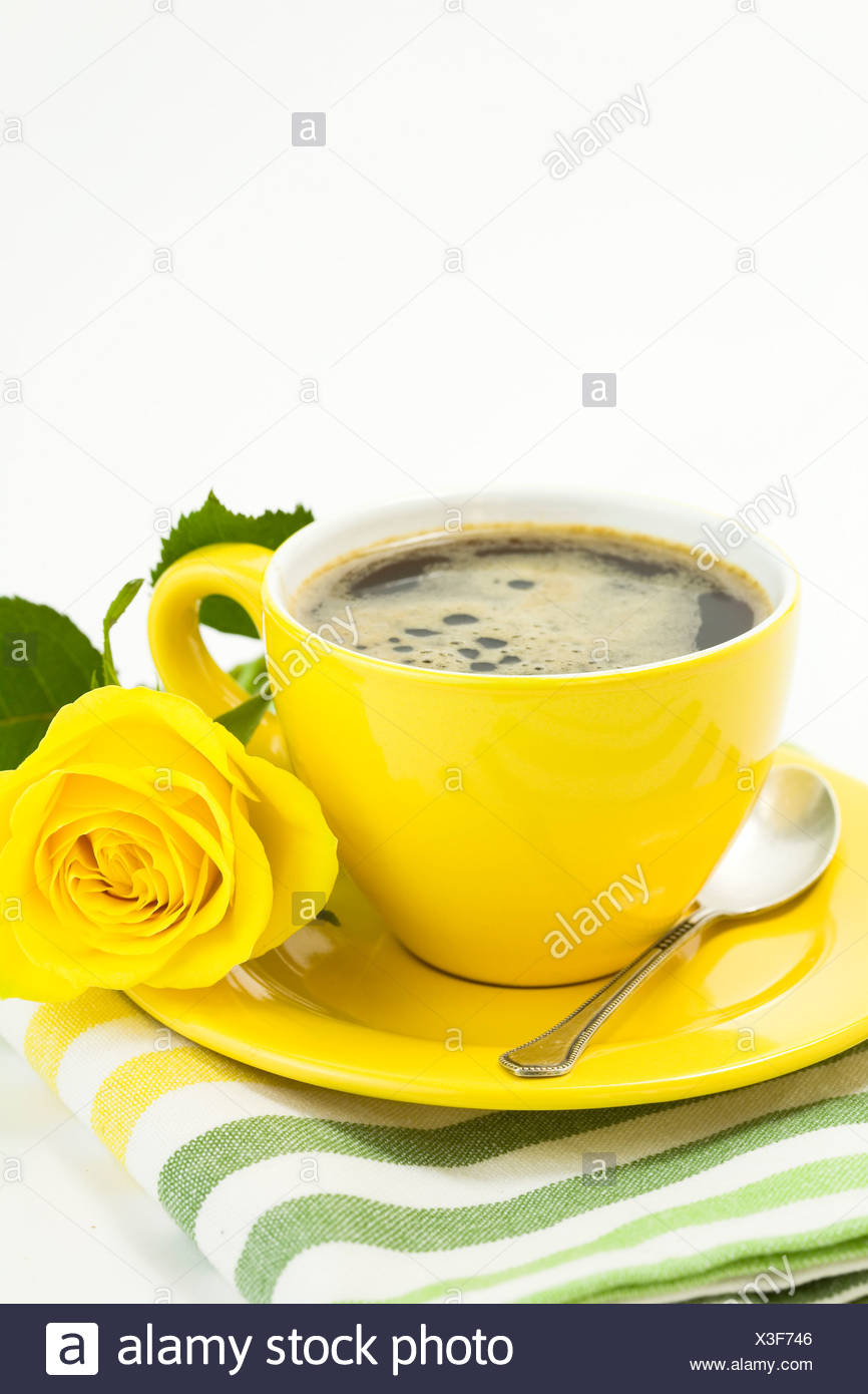 Download Cup Of Coffee And Beautiful Yellow Rose Stock Photo Alamy PSD Mockup Templates