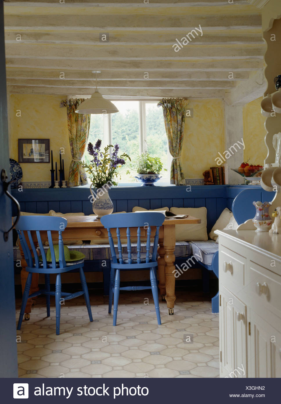 Painted Blue Chairs And Settles In Yellow Cottage Kitchen Dining