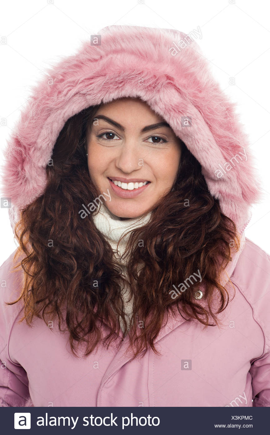 Permed Hair Woman Wearing Pink Hood Winter Jacket Stock Photo