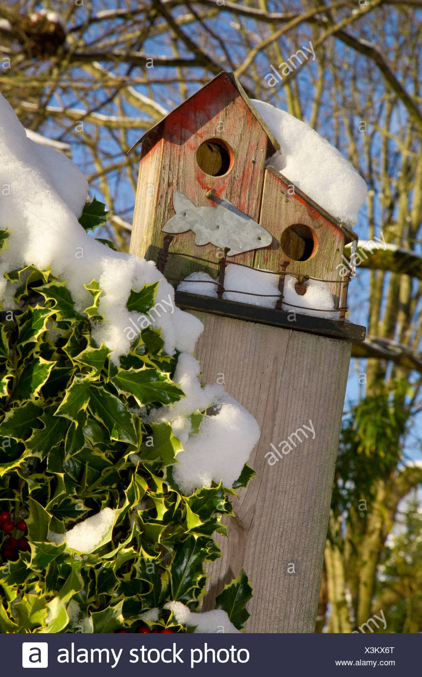 Bird House Perched On A Fence Post During Winter Stock Photo