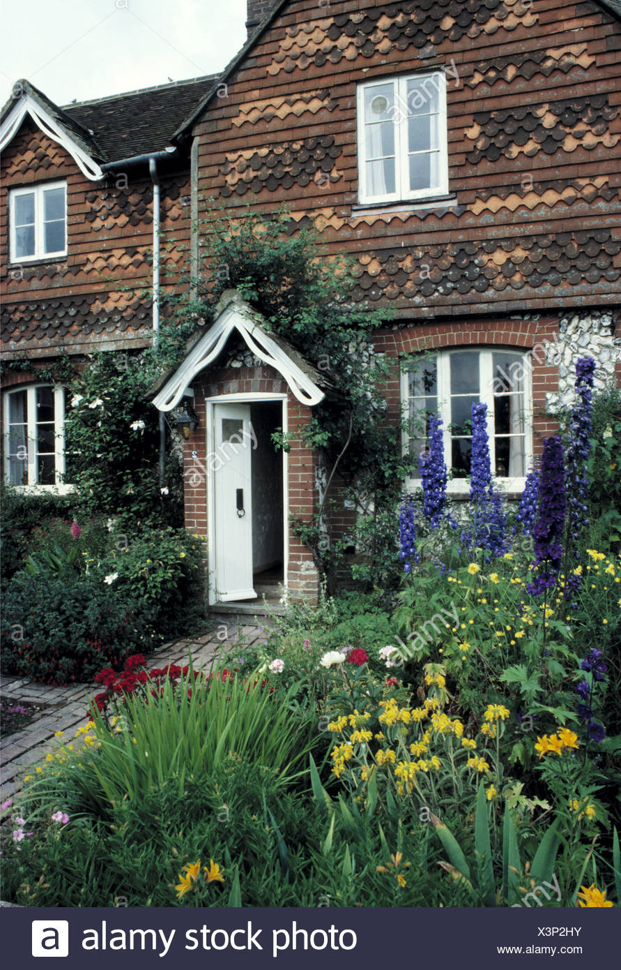 Blue Delphiniums And Yellow Iris Summer Garden In Front Of Country