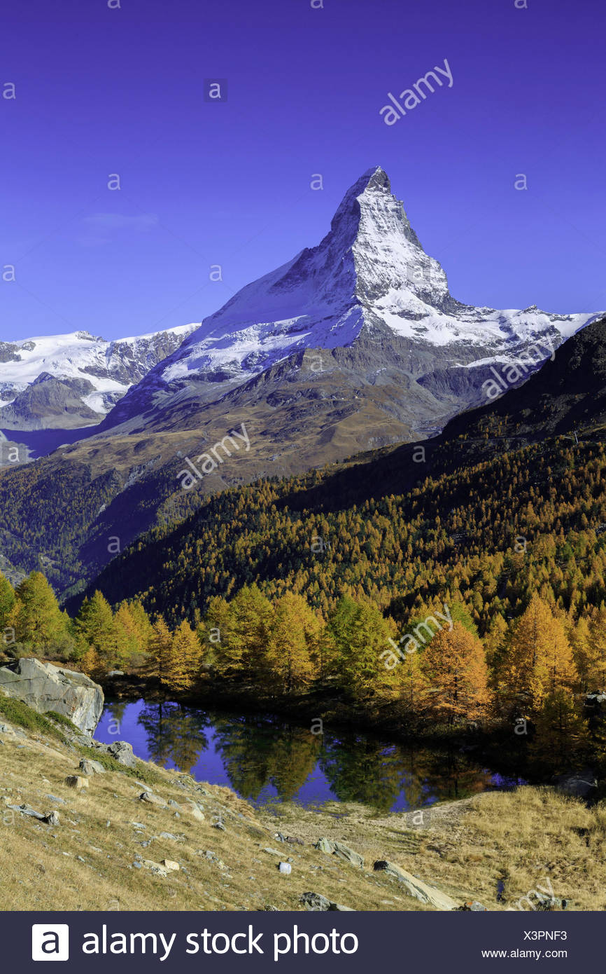 Matterhorn from Grindjisee lake, in Autumn, Zermatt, Switzerland, europe Stock Photo