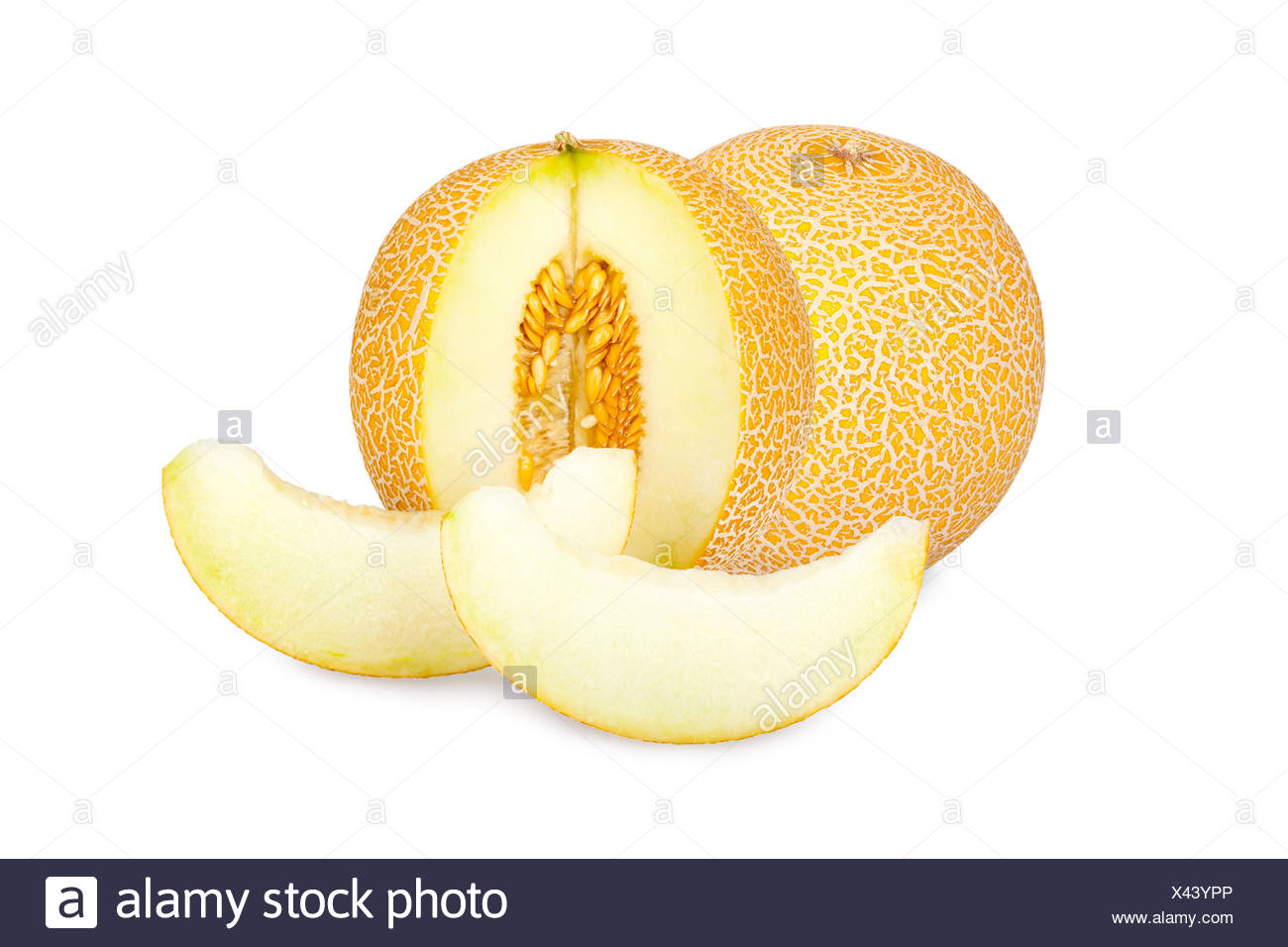 Galiamelonen, ganz, angeschnitten und Stücke isoliert vor weißem Hintergrund Stock Photo
