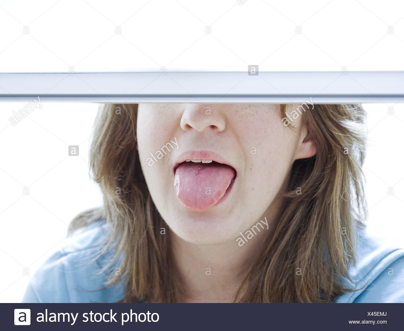 20 30 Abscise Attractive Desk Face Female Fun Half Hiding Stock