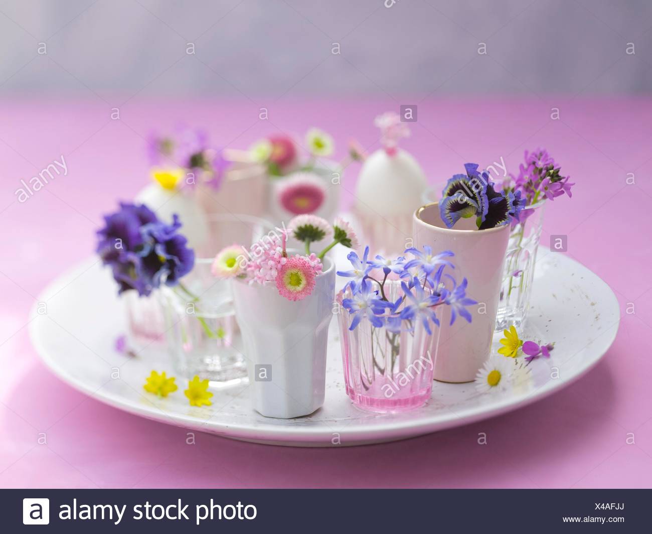 Cups With Flowers On Stoneware Plate Flower Heads Fresh Spring