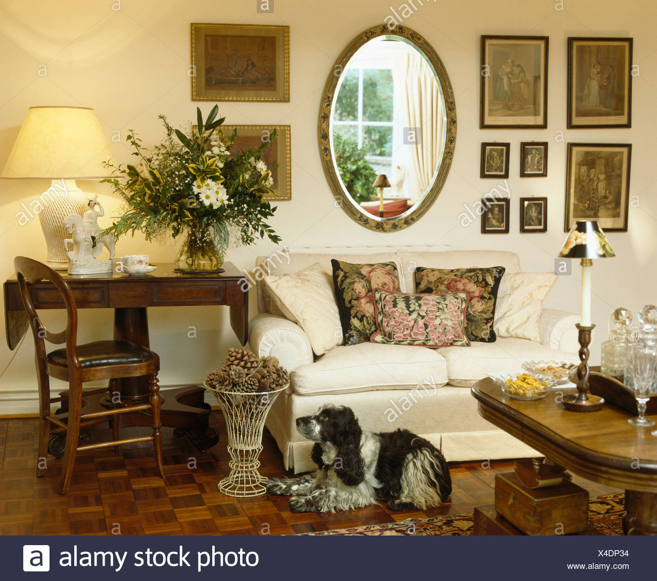 Dog Lying On Floor In Front Of Cream Sofa In Cottage Living