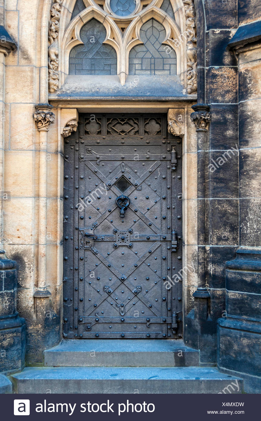 Medieval Castle Door With Door Knocker Handle And Ornaments Stock