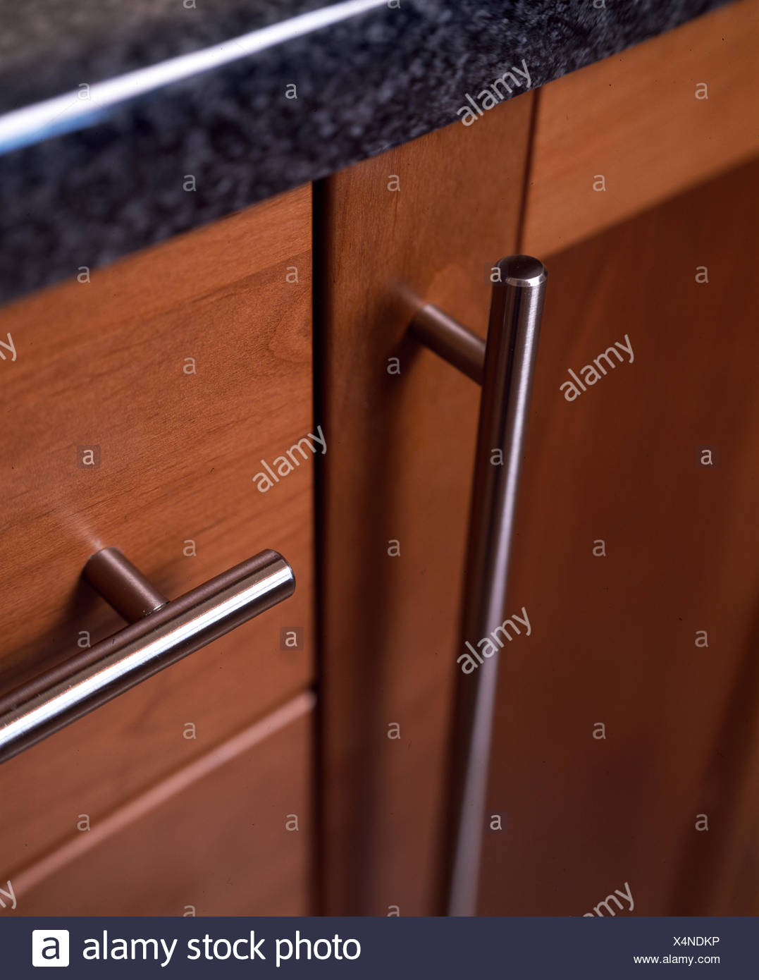 Closeup Of Kitchen Cabinet With Stainless Steel Handles Stock