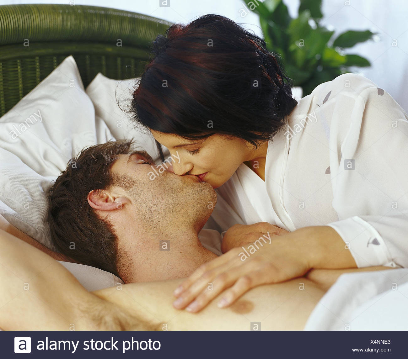 Bed Couple Kiss Portrait Inside Bedroom Young Kiss