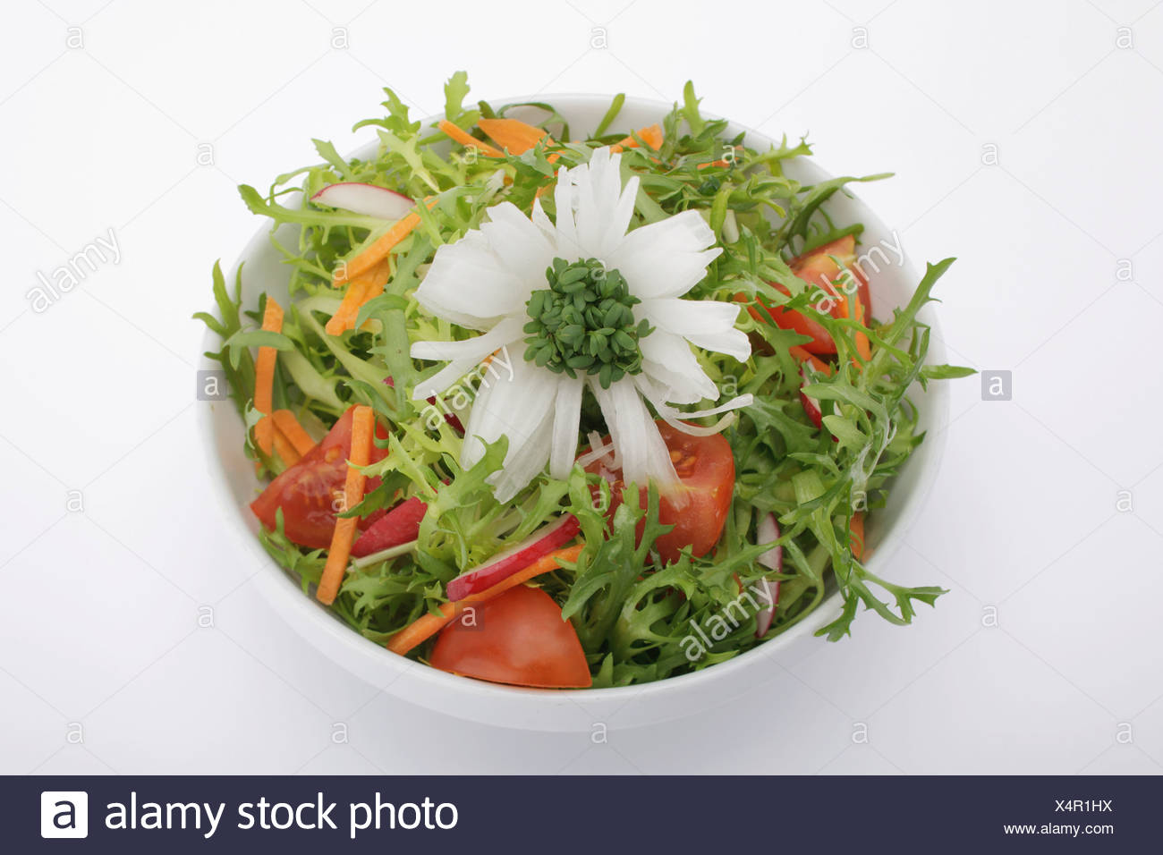 Colourful Salad With Frisee Lettuce Tomato Radishes Carrots Spring Onion And Garden Cress With Vinaigrette Dressing In A S Stock Photo Alamy