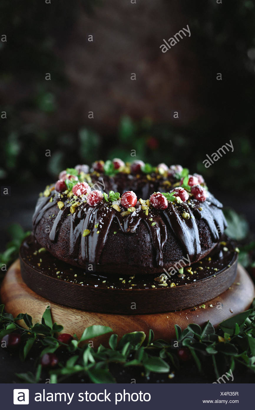 Chocolate Bundt Cake Decorated With Pistachios Baby Basil Leaves