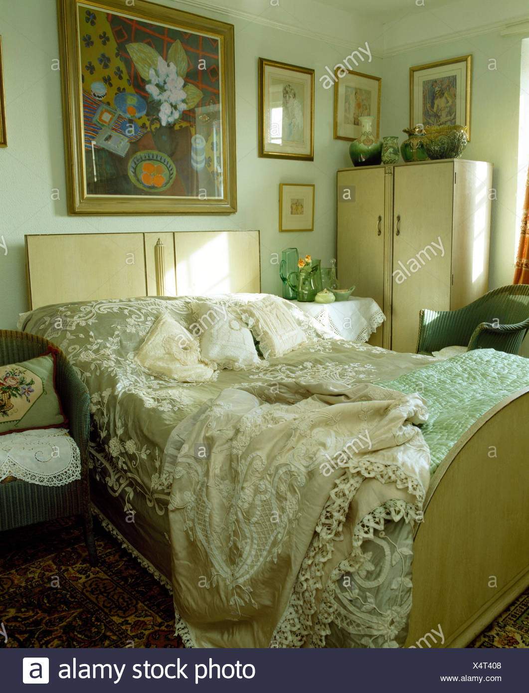 Fifties Style Wardrobe And Bed With Embroidered Silk Cover And