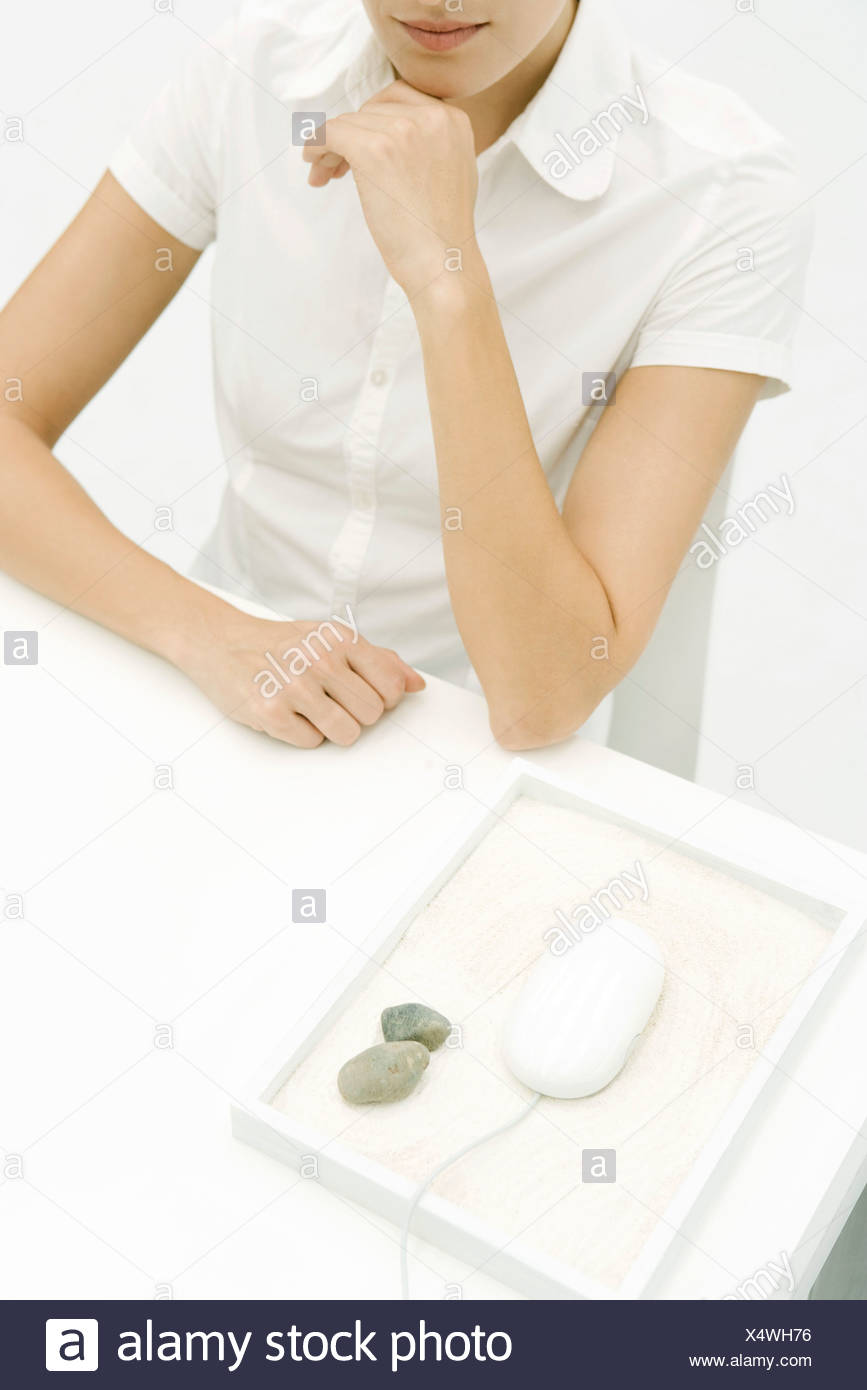 Woman Sitting At Desk Computer Mouse Nearby In Rock Garden High