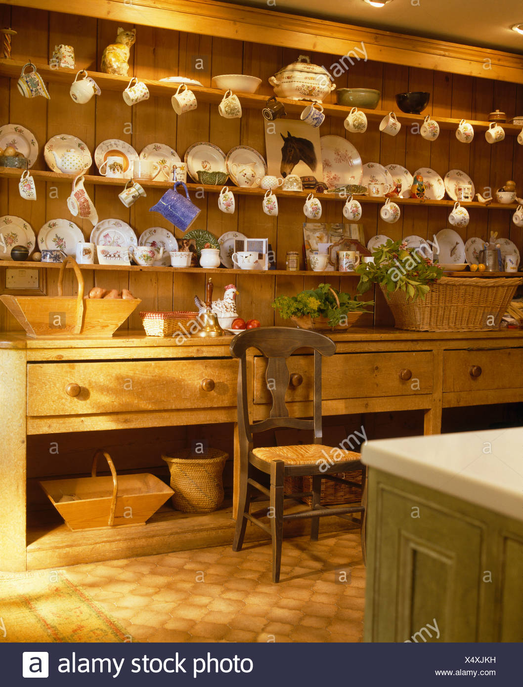Collection Of Cups And Plates On Large Antique Pine Dresser In