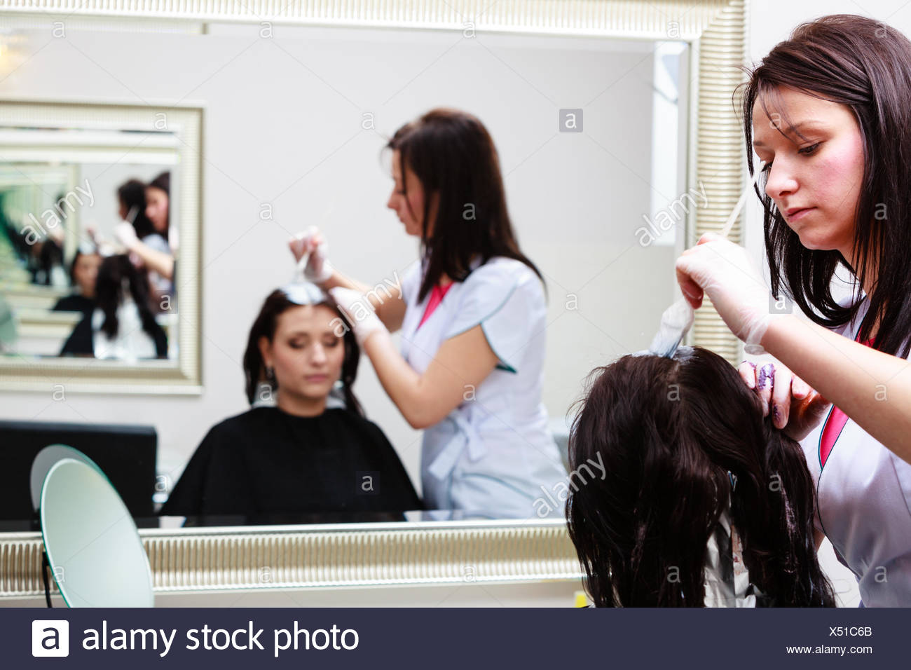 Professional Female Hairdresser Applying Color To Female Customer