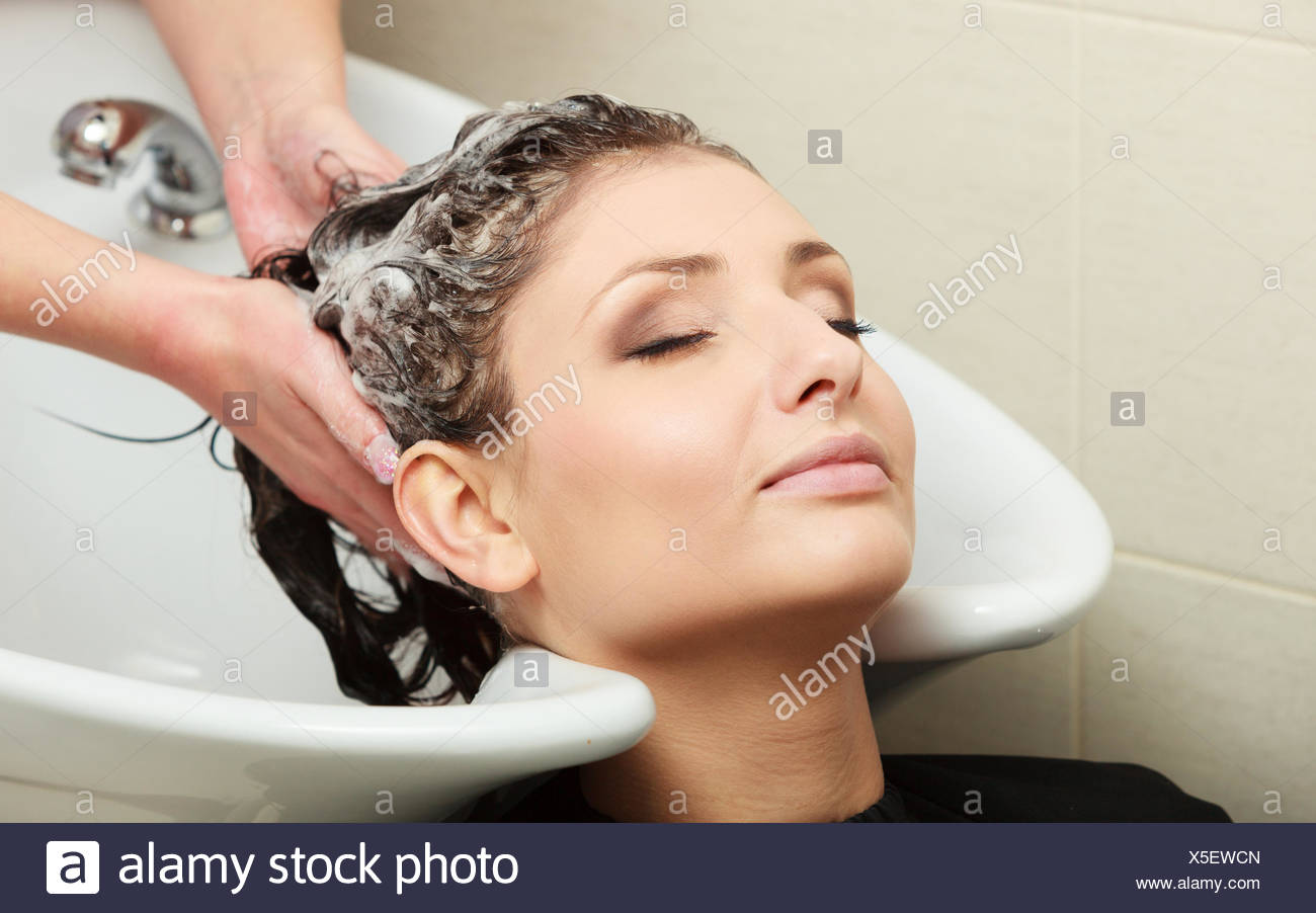 Hairstylist Hairdresser Washing Customer Hair Brunette Girl Young