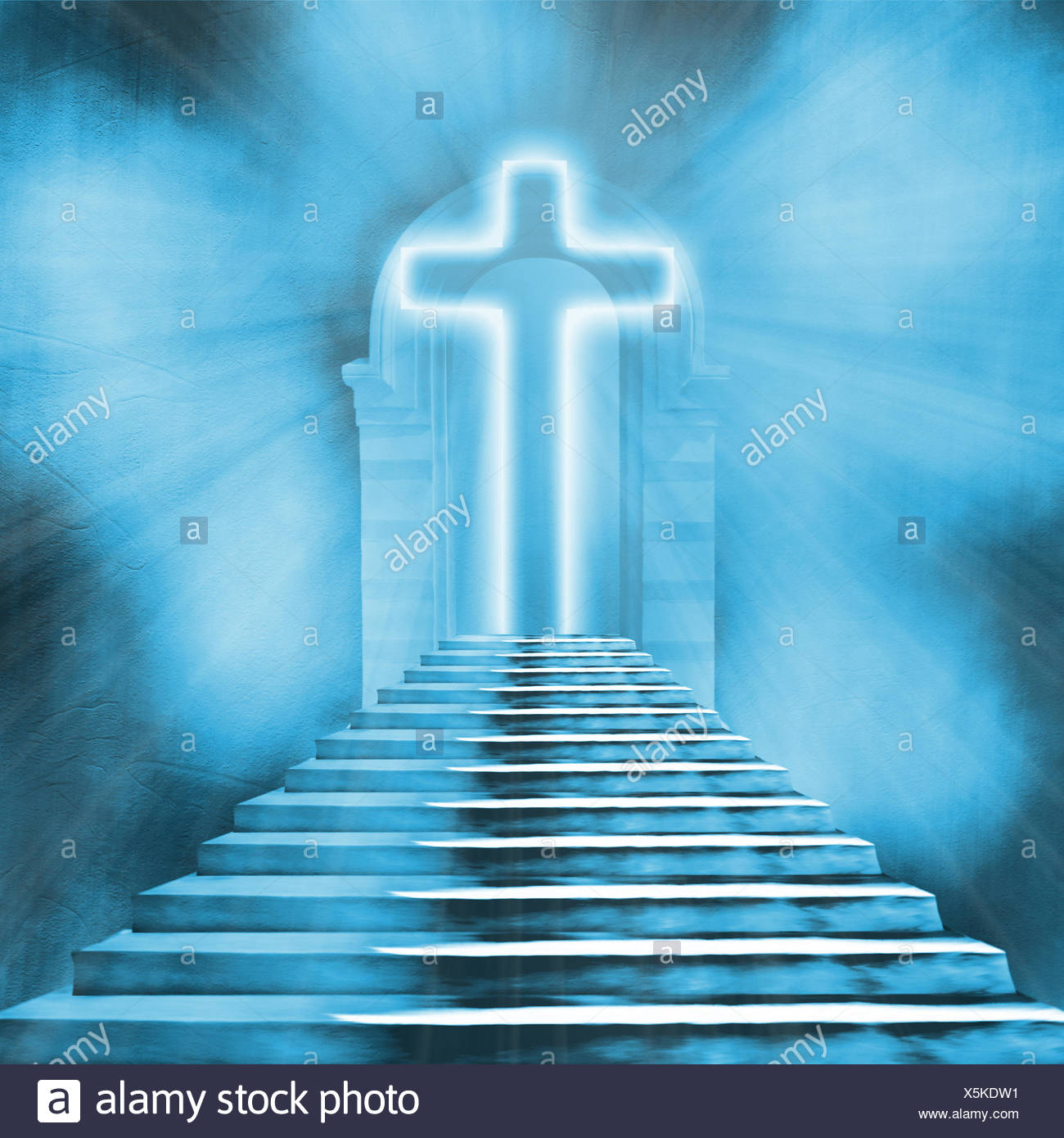 Glowing Holy Cross And Staircase Leading To Heaven Or Hell Stock Photo Alamy