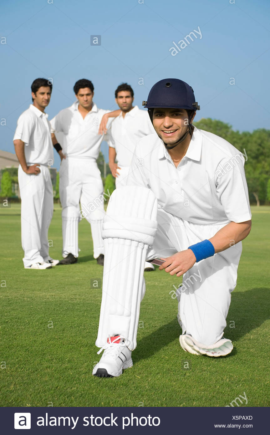 Cricketer Wearing His Cricket Pads Stock Photo Alamy