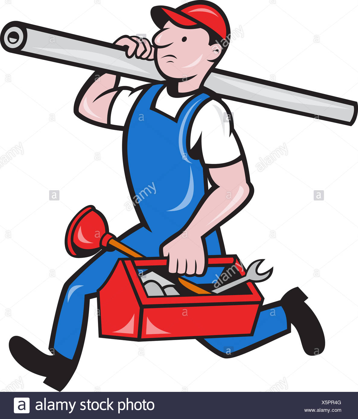 Plumber With Pipe Toolbox Cartoon Stock Photo Alamy