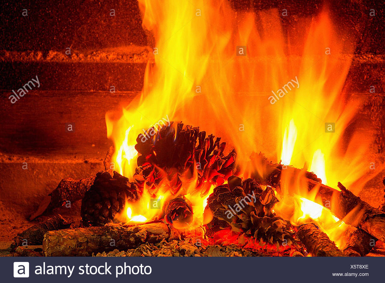 Burning Firewood In Chimney With Pine Cones And Fire Stock Photo