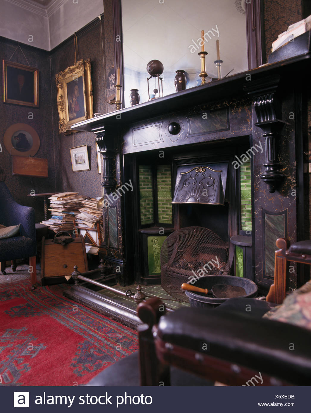 Large Black Marble Fireplace In Original Edwardian Study Stock