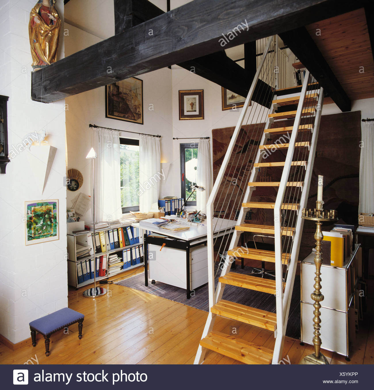 Ladder Staircase In Openplan Study With Large Black Ceiling Beams