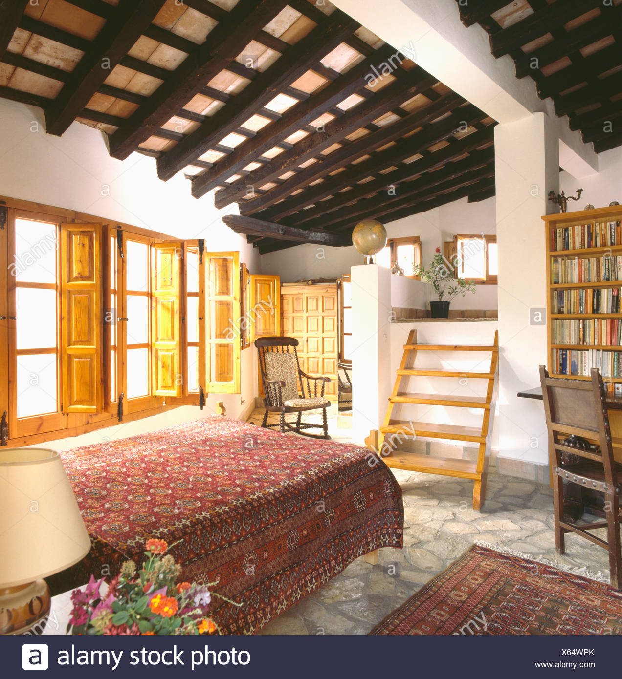 Beamed Ceiling And Wooden Shutters In Seventies Spanish