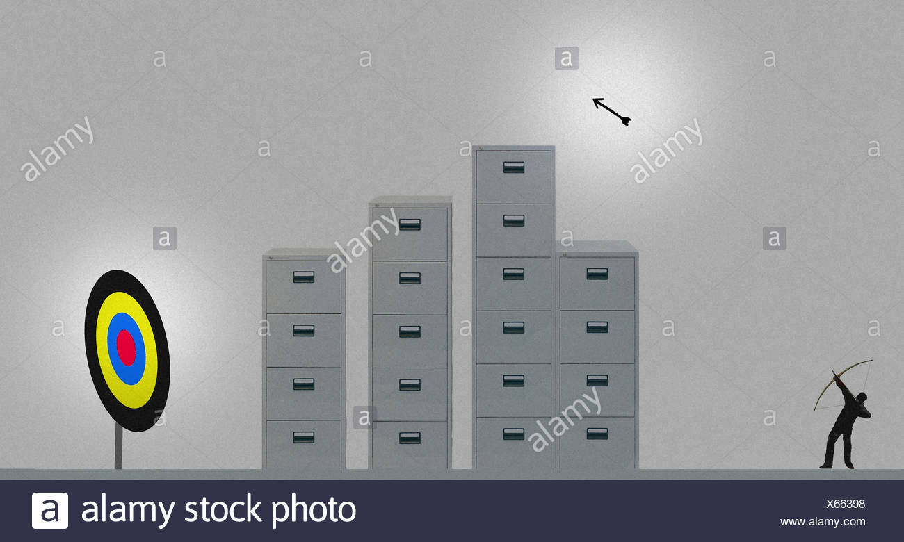 Archer Shooting Arrow Over Tall Filing Cabinets Towards Target