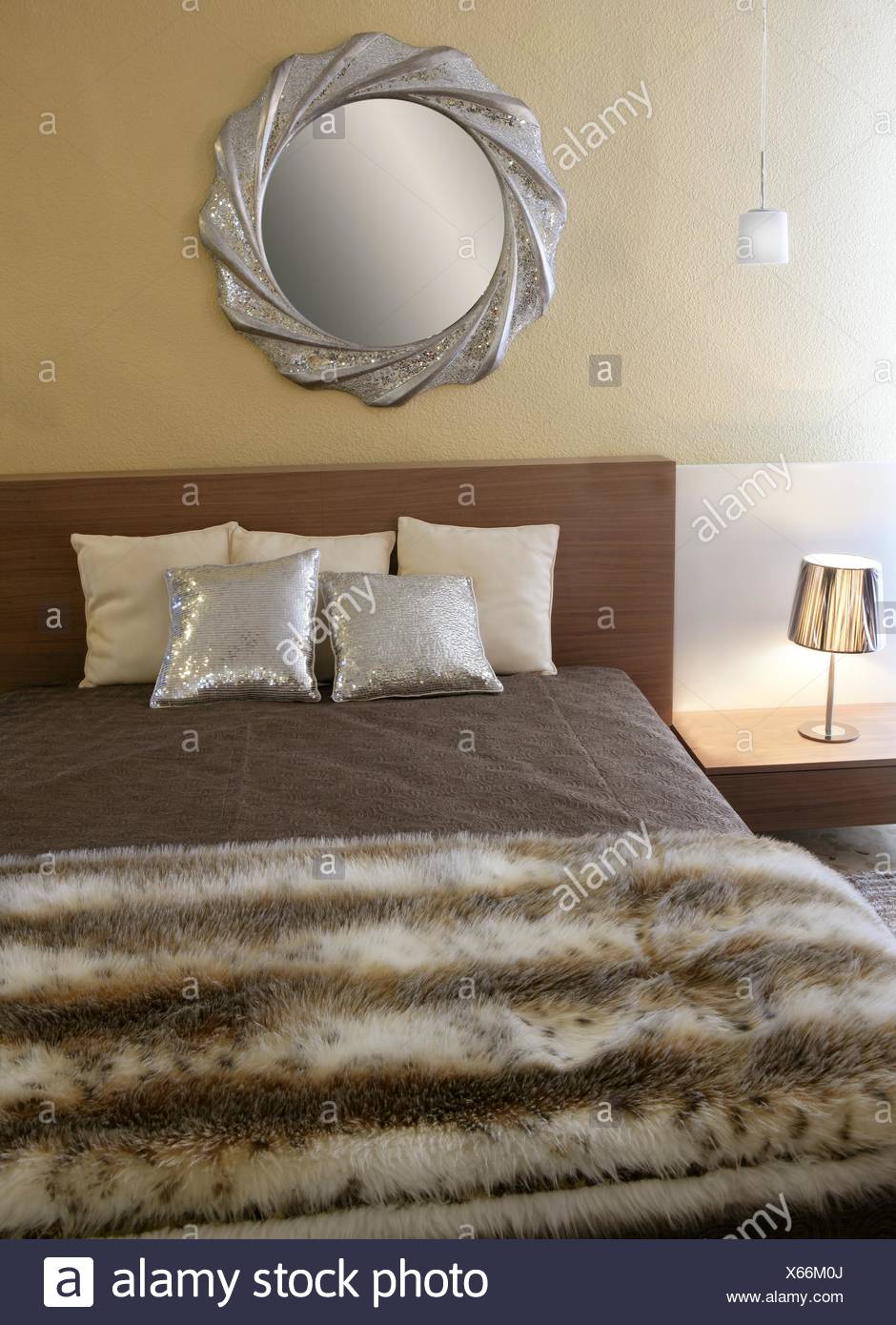 Bedroom Modern Silver Mirror Fake Fur Blanket Stock Photo