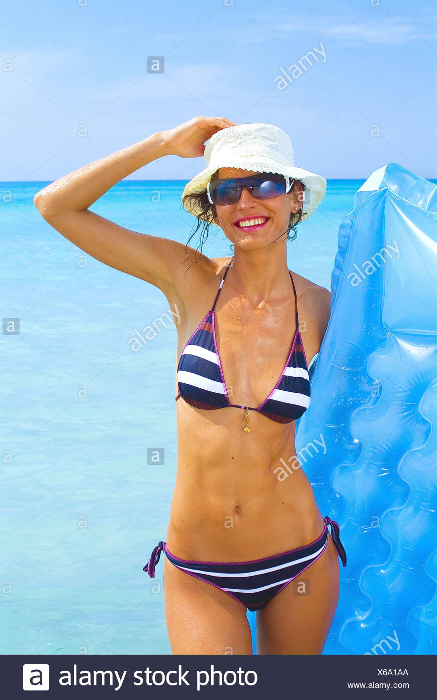 navy and white striped bikini