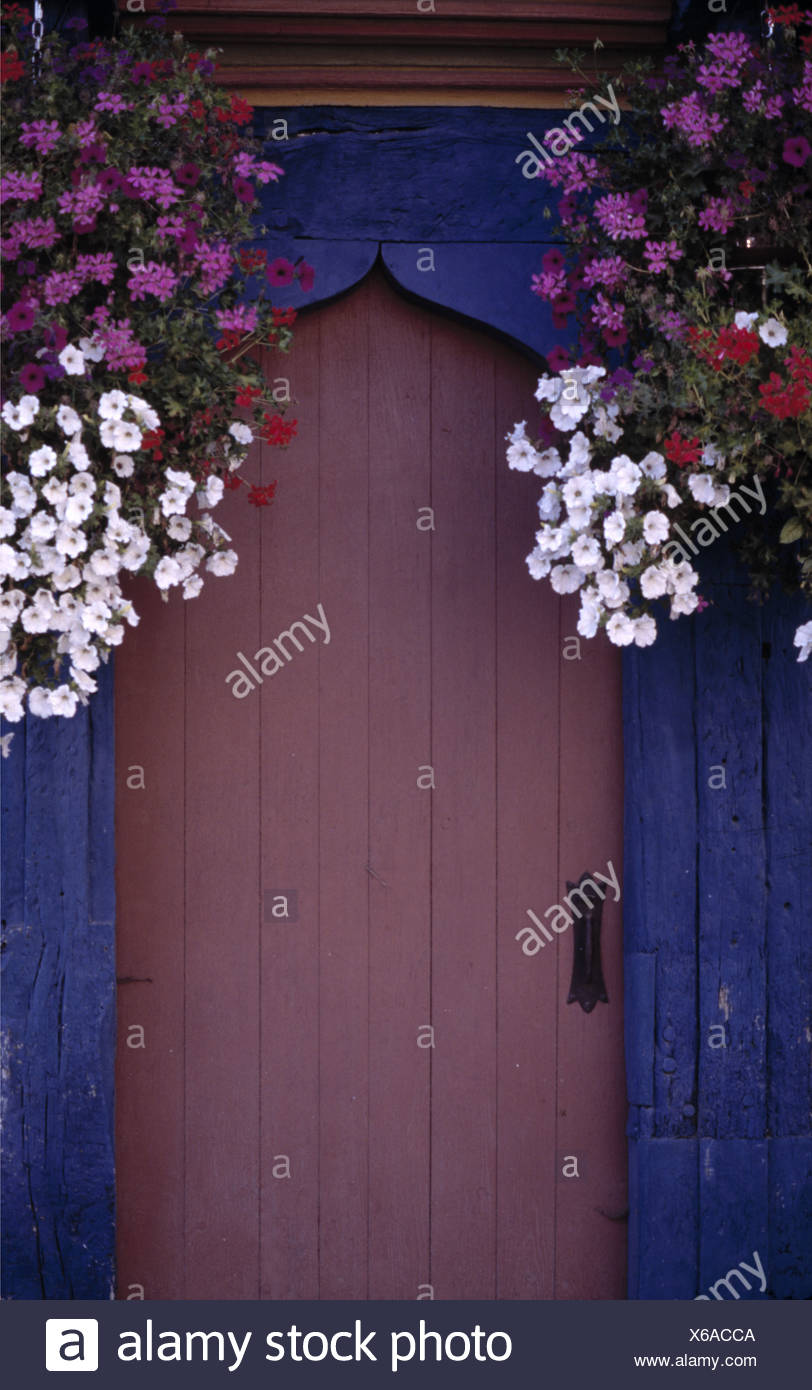 Hanging Baskets Outside Front Door Stock Photo Alamy