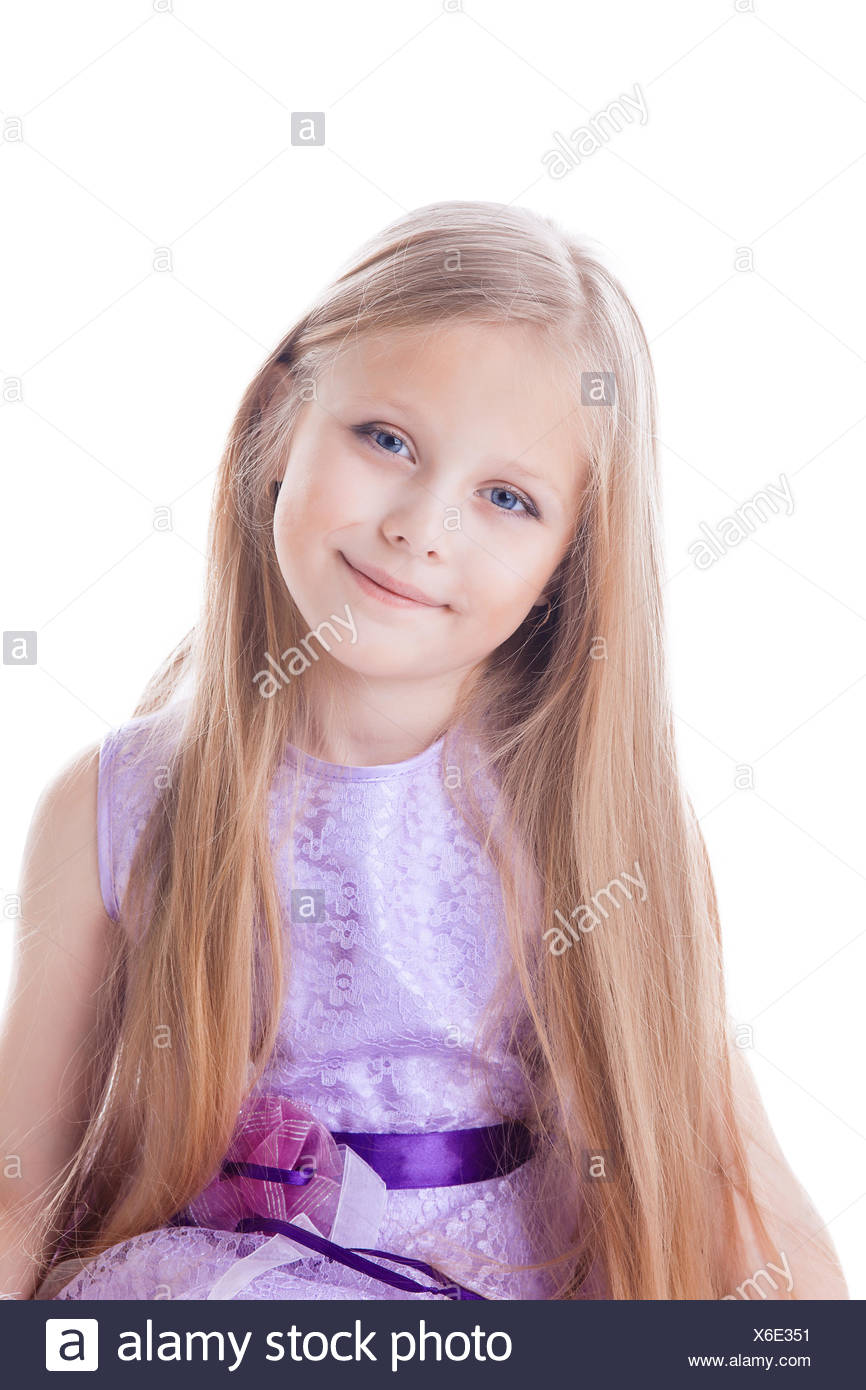 Pretty Blonde Little Girl In Light Purple Dress Stock Photo