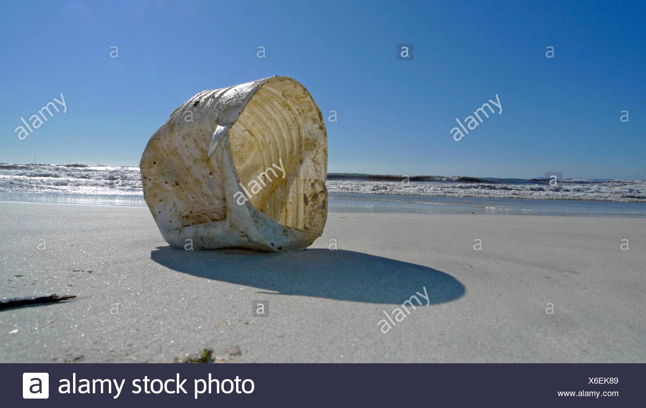 plastic waste on a bathing beach, Spain, Balearen, Majorca, Es Trenc Stock Photo