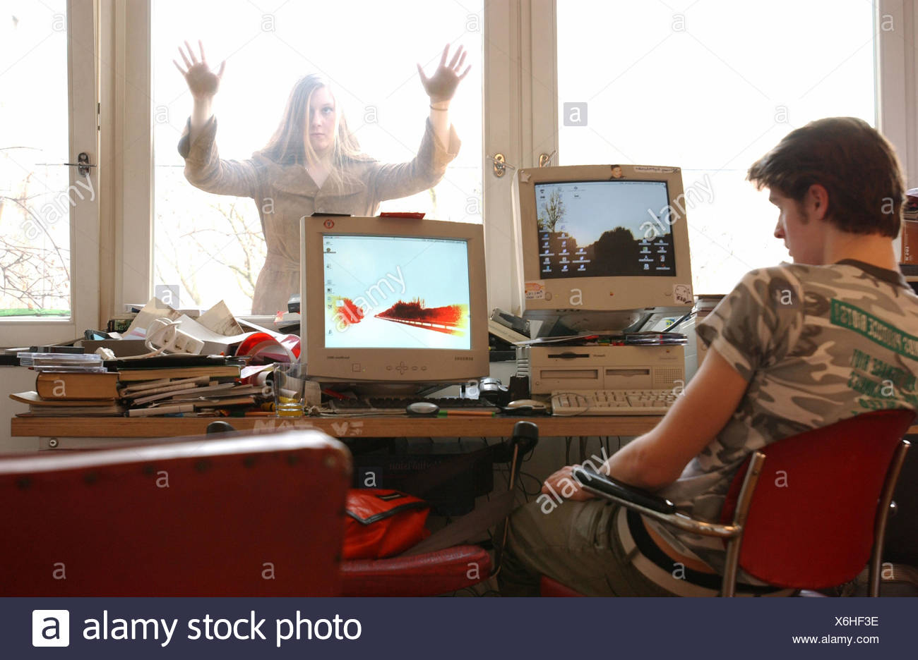Man Young Desk Computer Window Pane Woman Gesture
